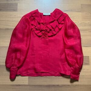Women's Vintage 80's Malcom Starr Red Ruffle Blouse Puff Sleeves Shirt Sz Large
